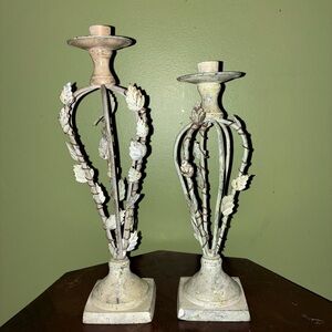 Antique Vintage Cream Metal Leaf candlestick holder